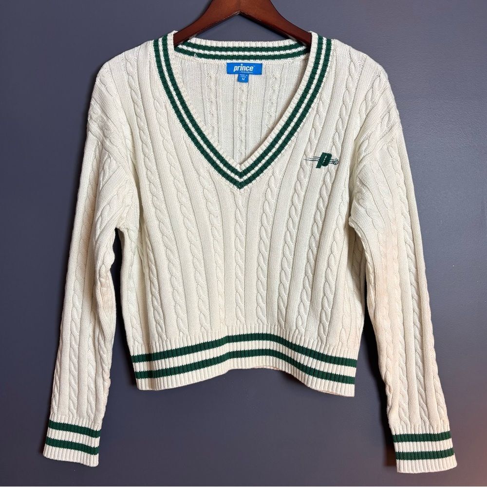 Prince Pickleball Cable Knit Pullover V Neck Sweater Cream Green Medium Cotton